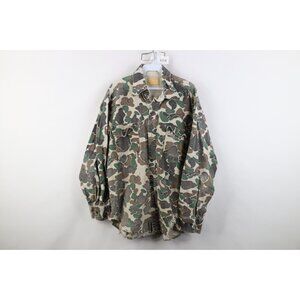 Vtg 70s Streetwear Mens L Thrashed Duck Camouflage Chamois Cloth Button Shirt